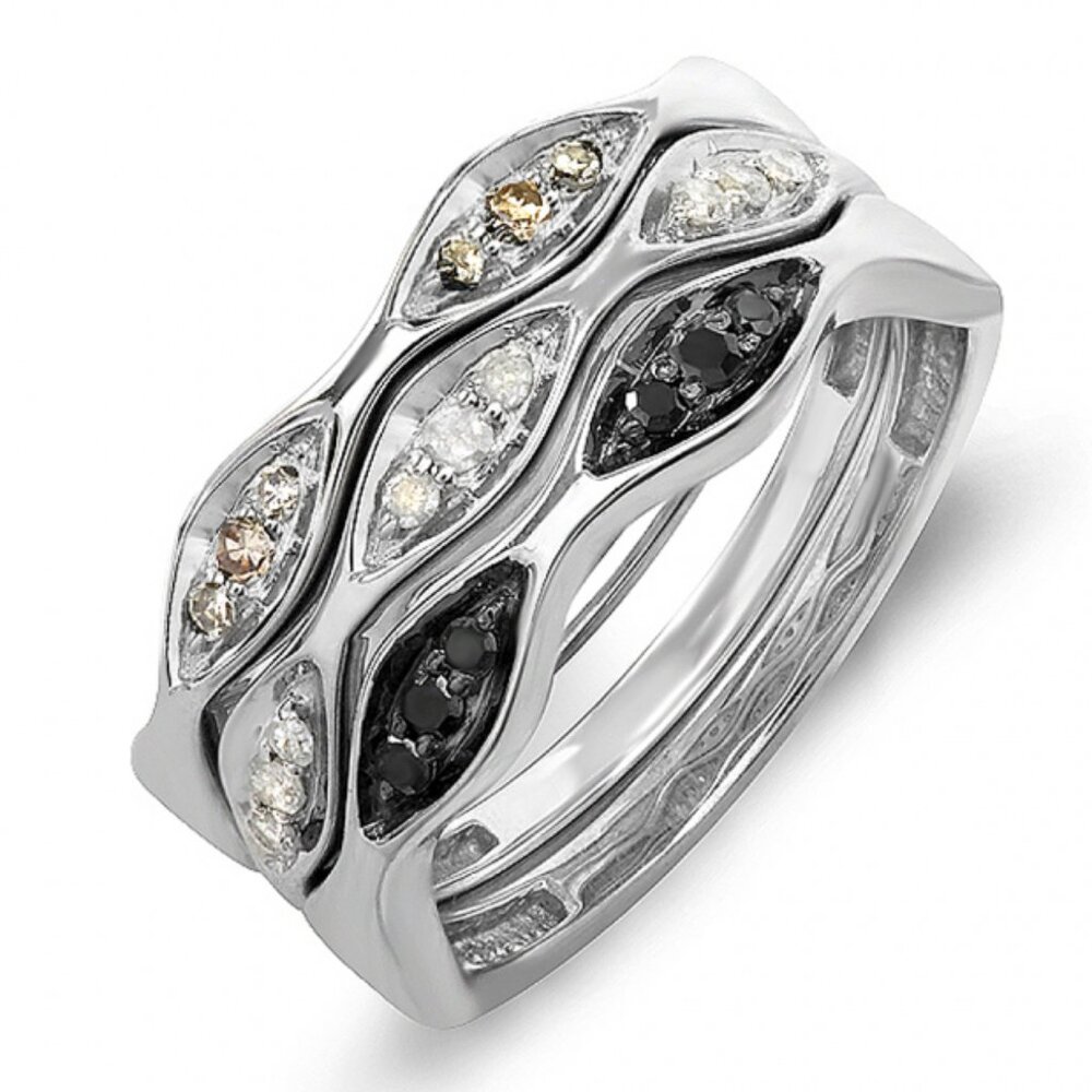 White, Black and Champagne Diamond Sterling Silver 3 Stackable Rings Set Size 6